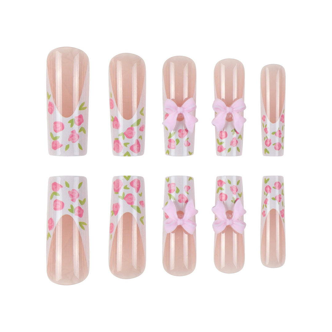 Floral Bow-Design Long Press-On Nails Bowlift