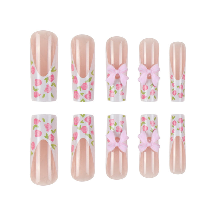 Floral Bow-Design Long Press-On Nails Bowlift