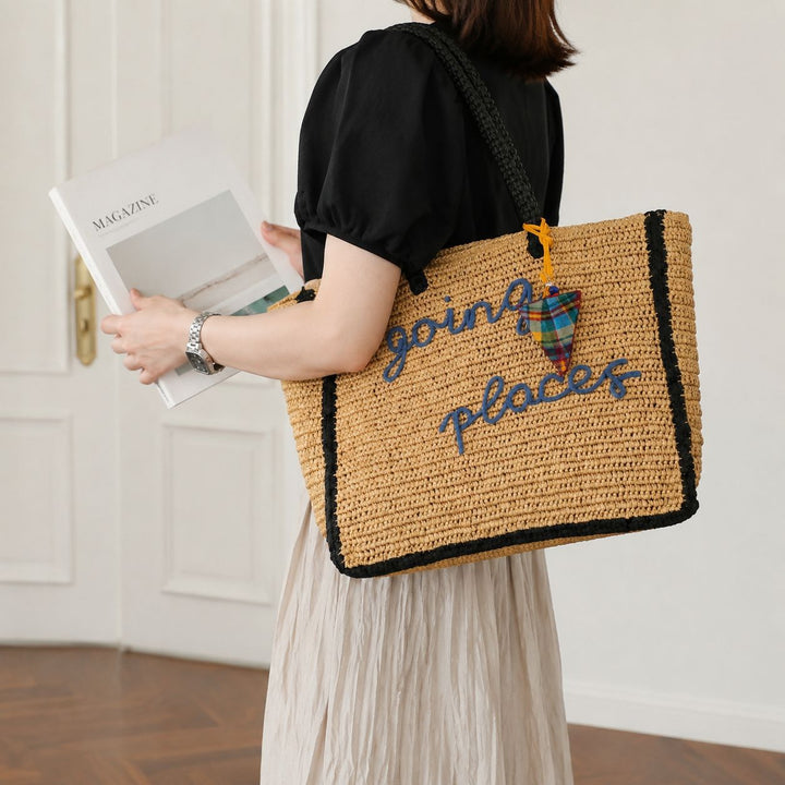 Spacious straw shopping bag with lettering Bowlift