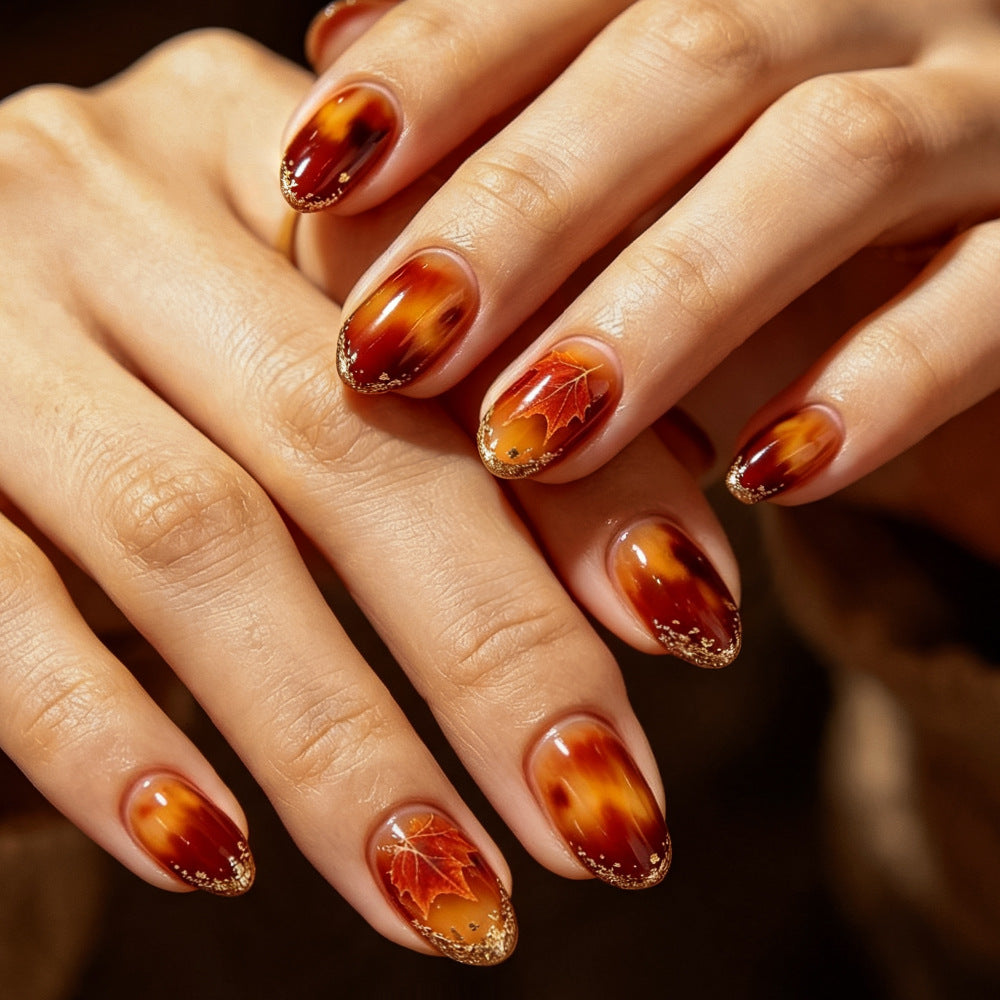 Artistic Press-On Nail Set with Autumn Leaf Design Bowlift