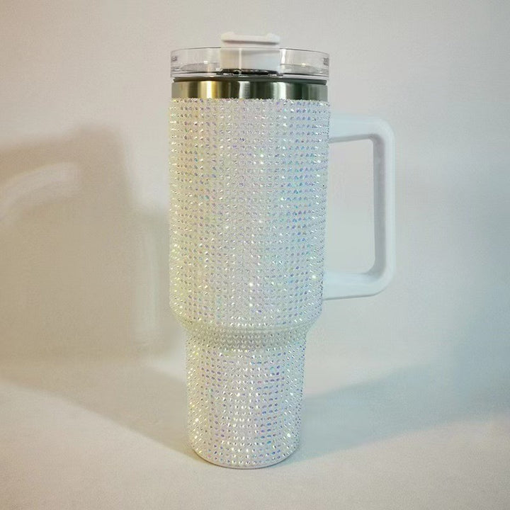 Insulated Stainless Steel Rhinestone Travel Tumbler With Ergonomic Handle And Spill-Resistant Lid