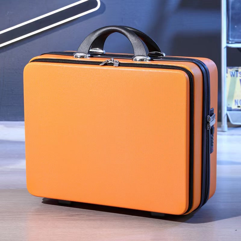 compact hard-shell travel vanity makeup case with TSA combination lock and dual-zip compartments Bowlift