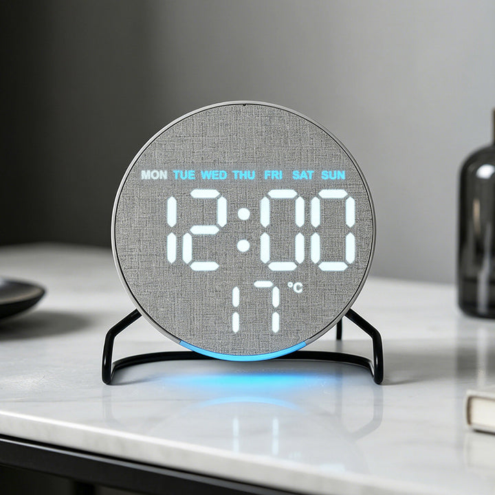 Minimalist Smart LED Alarm Clock with Fabric Front, Temperature Sensor and Weekday Display Bowlift