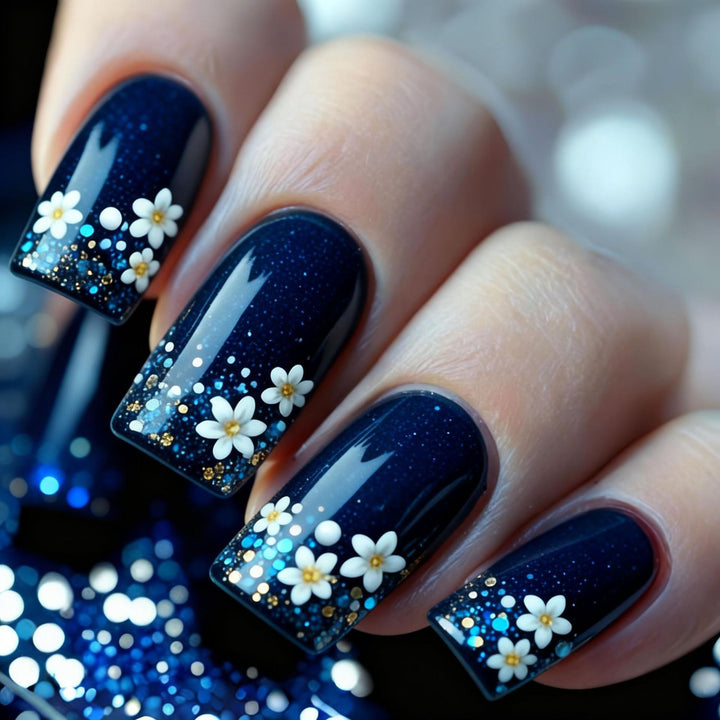 Acrylic nail set with elegant flower design and glitter accents Bowlift