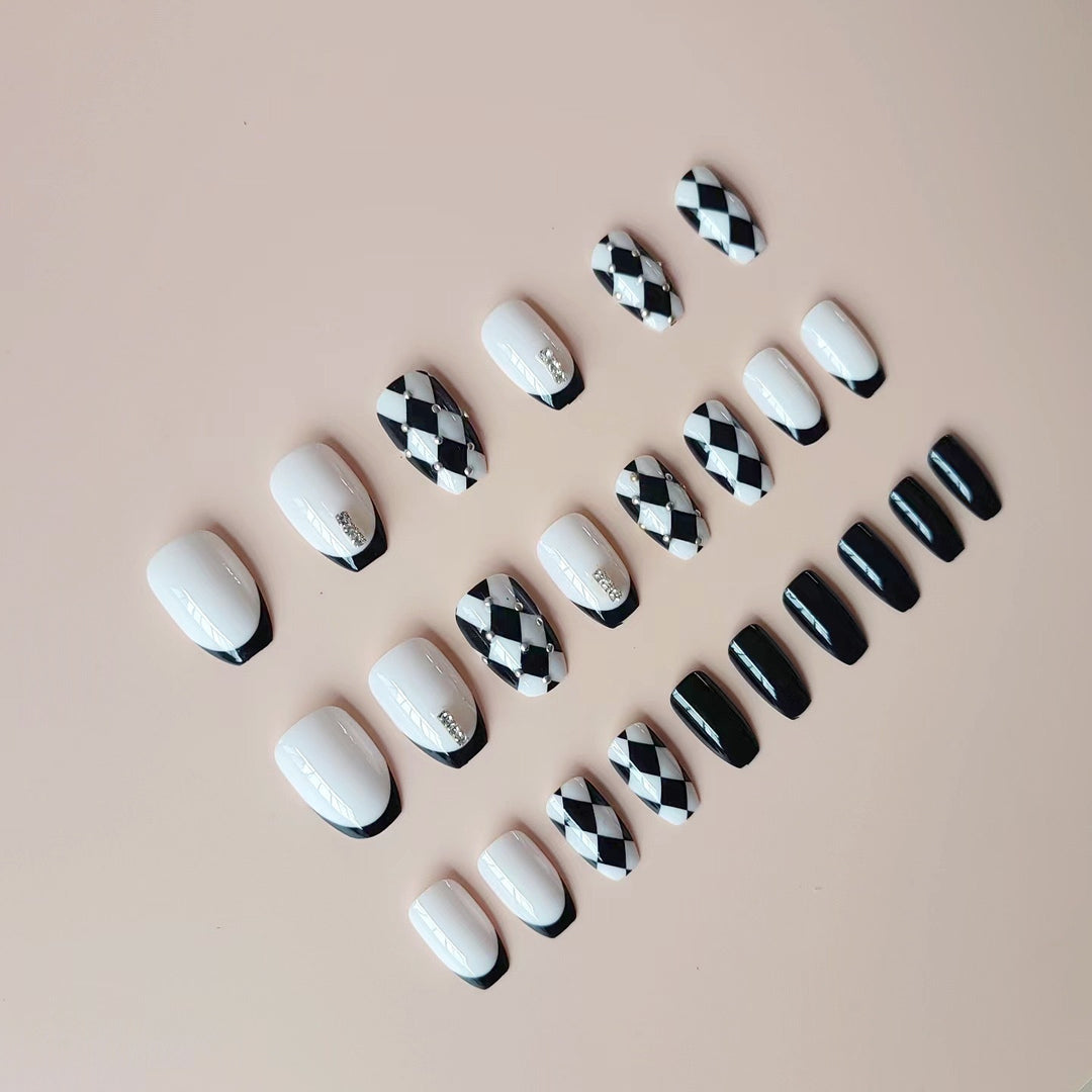 Acrylic Nail Set with Creative Checkerboard Design and Sparkling Accents Bowlift