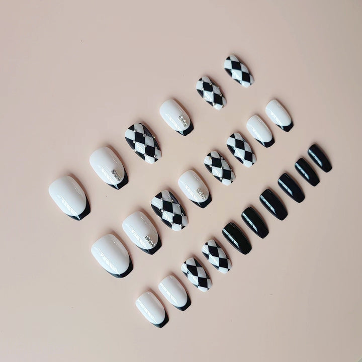 Acrylic Nail Set with Creative Checkerboard Design and Sparkling Accents Bowlift