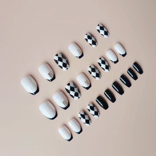 Acrylic Nail Set with Creative Checkerboard Design and Sparkling Accents Bowlift