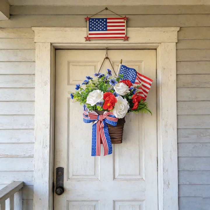 Unisex nan American patriotic door hanging floral basket with ribbon accents Bowlift