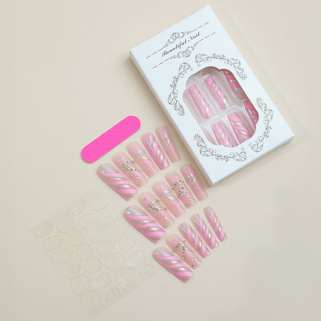 Decorative Press-On Nail Set with Exquisite Glitter Ribbon Design Bowlift