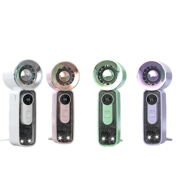 Cooling bladeless micro-turbine handheld fan with OLED battery display and fold-out stand Bowlift
