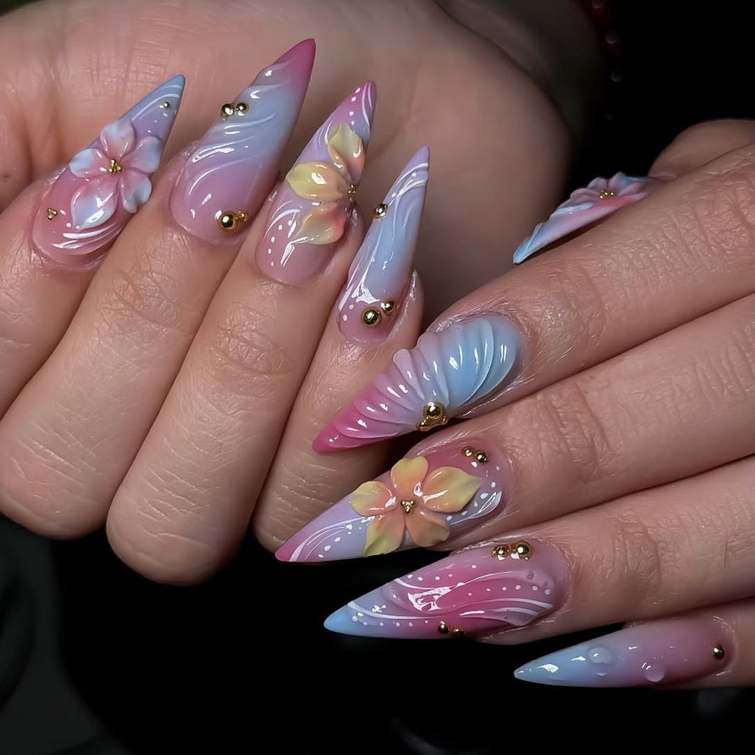 Luxury Floral 3D Stiletto Nail Art Extensions Bowlift