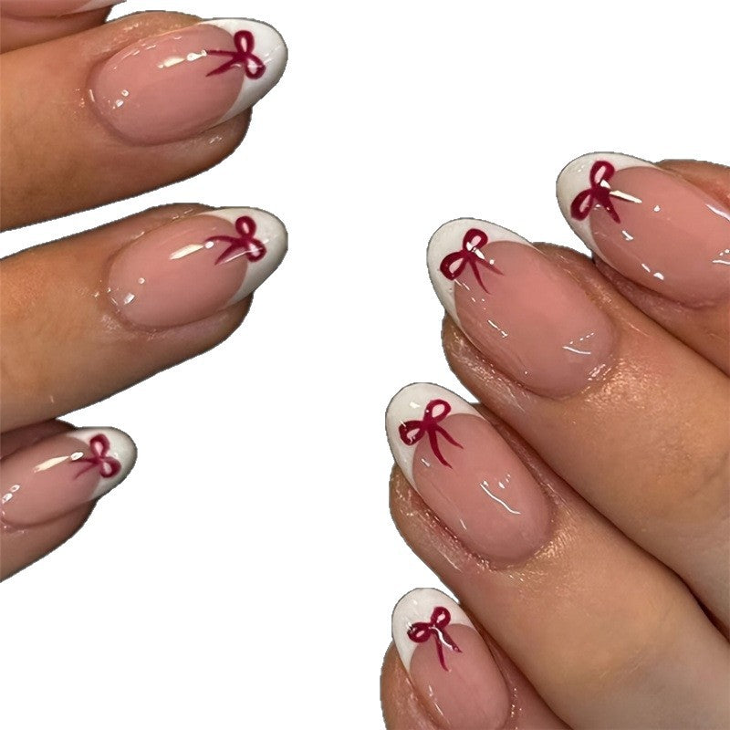 Stylish French Tip Press-On Nails with Bow Design Bowlift