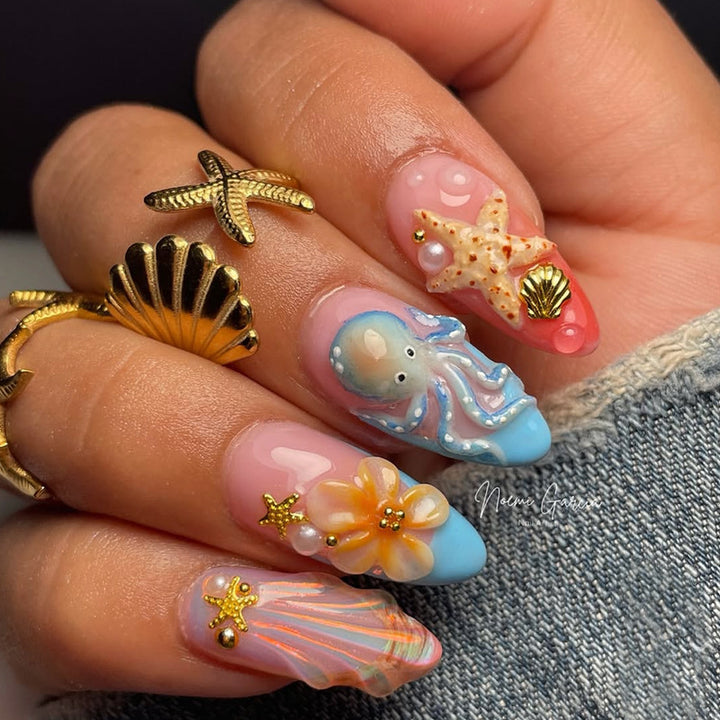 Decorative Press-On Nail Art Set with Summer-Inspired Ocean Designs Bowlift