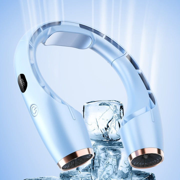 Cooling wearable dual-turbine neck fan with adjustable-angle air outlets and LED battery display Bowlift