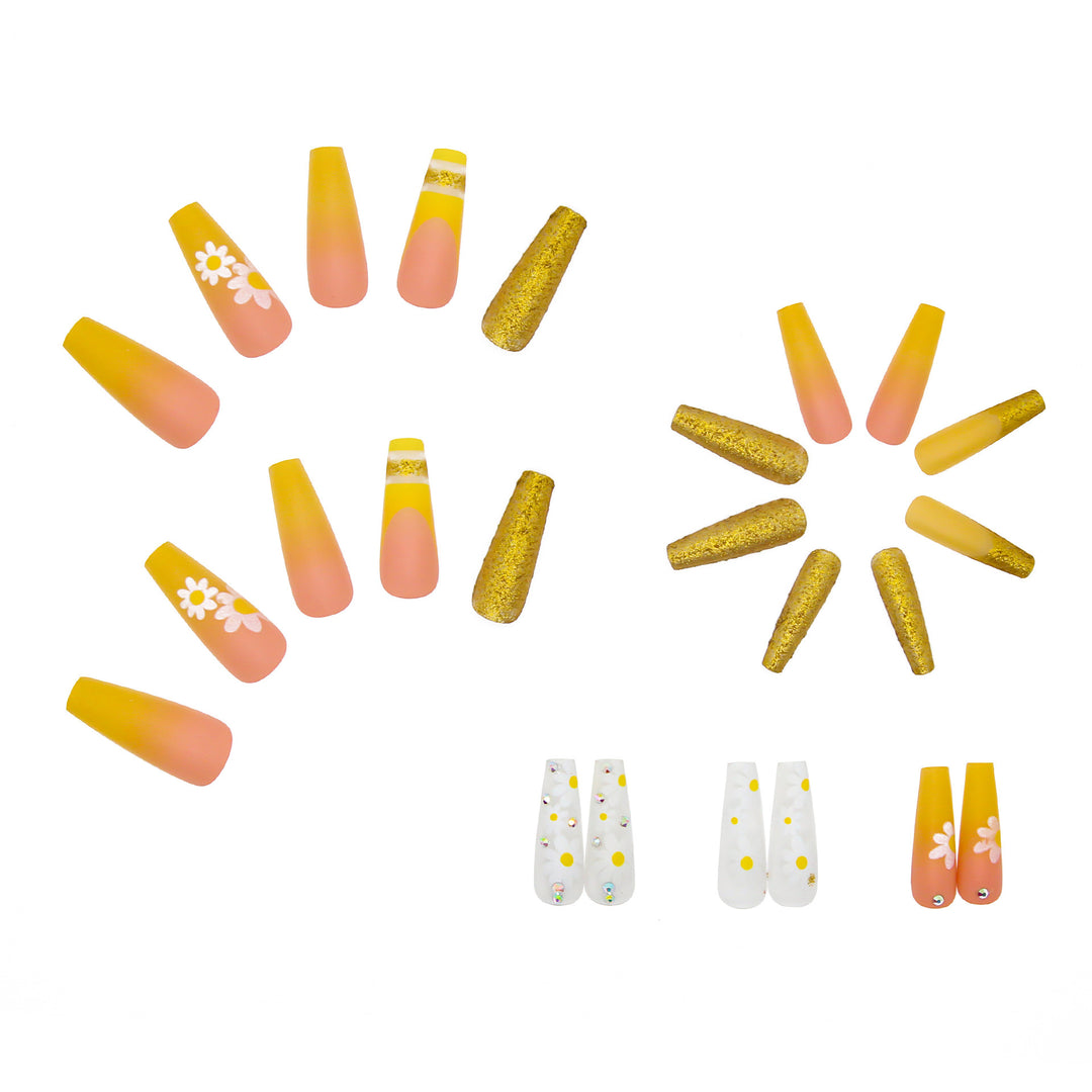 Artificial nail set with colorful sunflower designs and glittering accents Bowlift