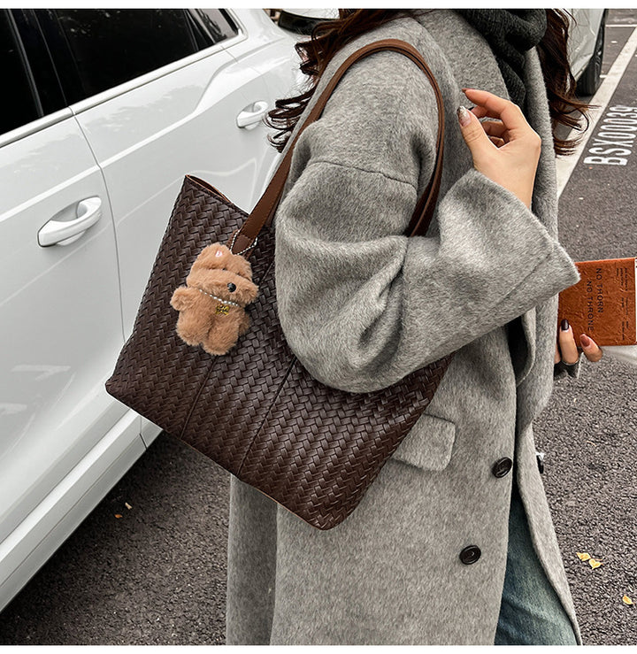 Woven Leather Shoulder Tote Bag Bowlift