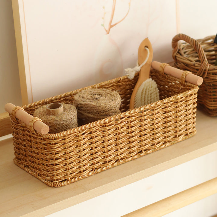 Rectangular Woven Storage Basket with Wooden Handles Bowlift