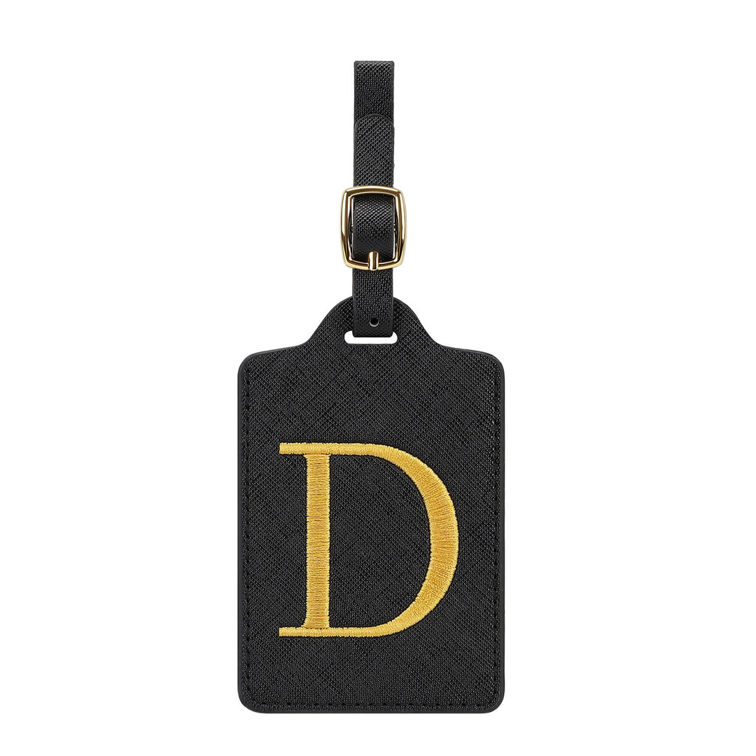 embroidered initial monogram leather luggage tag with adjustable buckle strap Bowlift