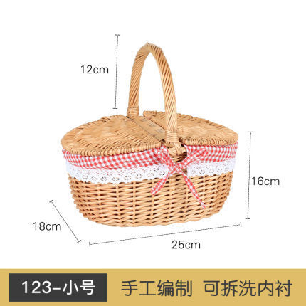 Women's braided basket with checkered fabric insert and decorative lace embellishment Bowlift