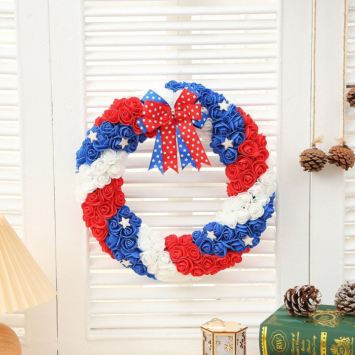 Unisex nan decorative foam rose door wreath with star appliqués and bow accent Bowlift