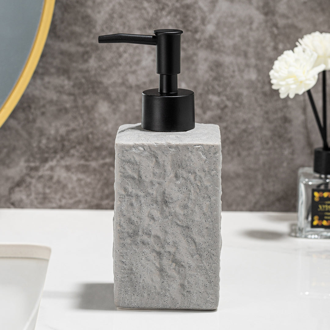Textured Ceramic Rectangular Soap Dispenser with Matte Pump and Stone-Look Finish Bowlift