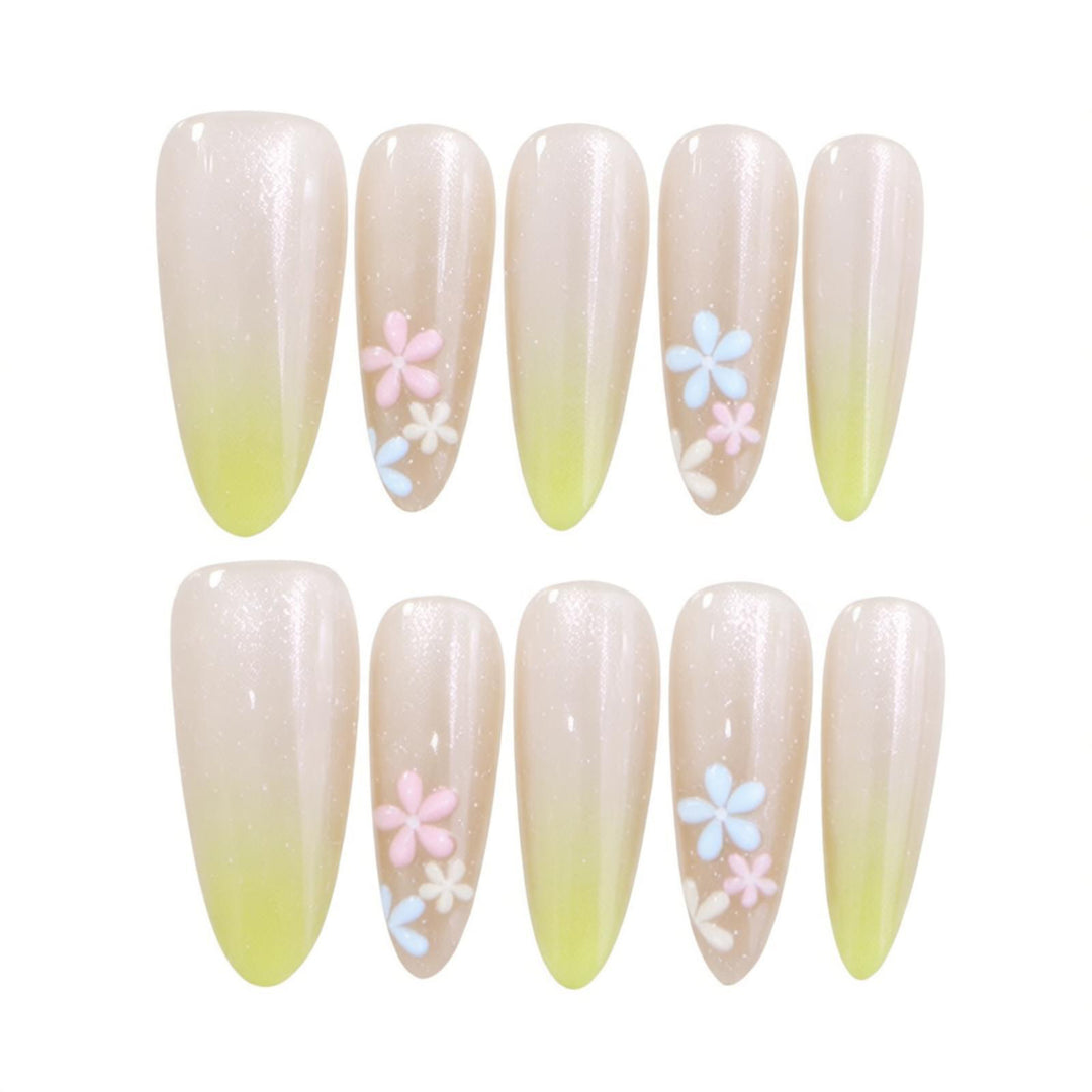 Elegant Ombre Press-On Nail Set with Floral Accents Bowlift