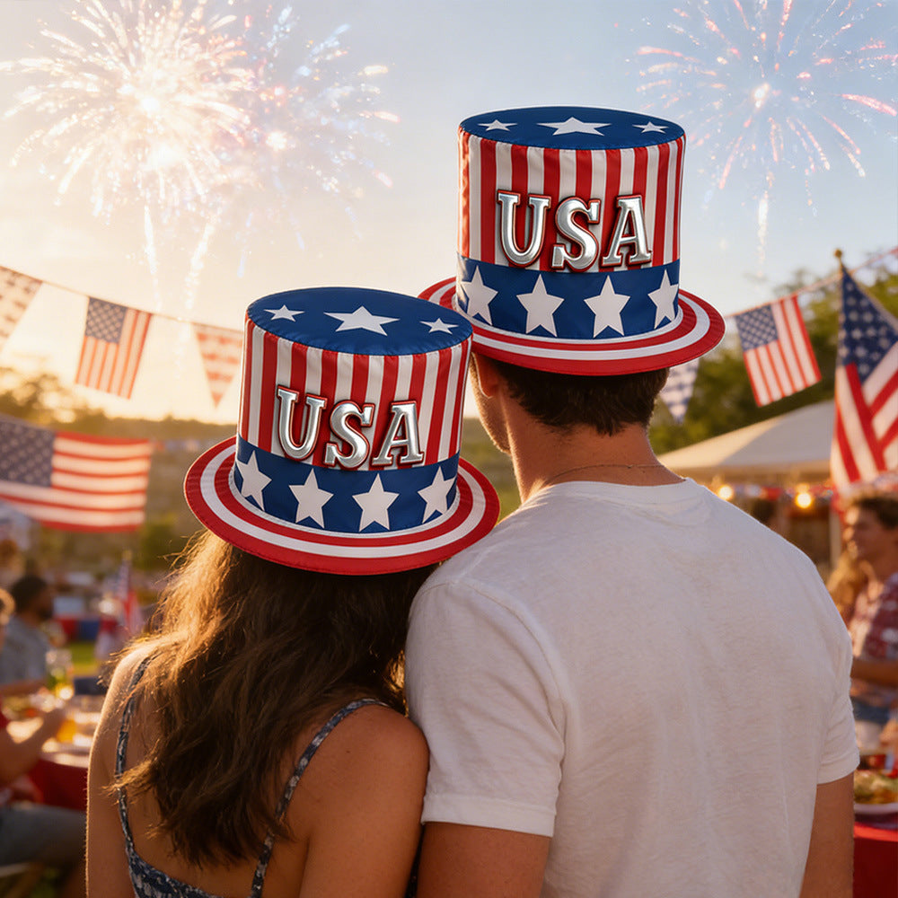 Unisex nan more patriotic top hat with star stripe motif and wide brim for celebrations Bowlift