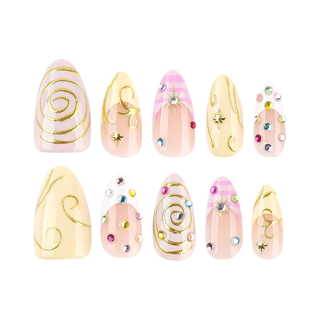 Artful Nail Art with Glitter and Spiral Design Bowlift