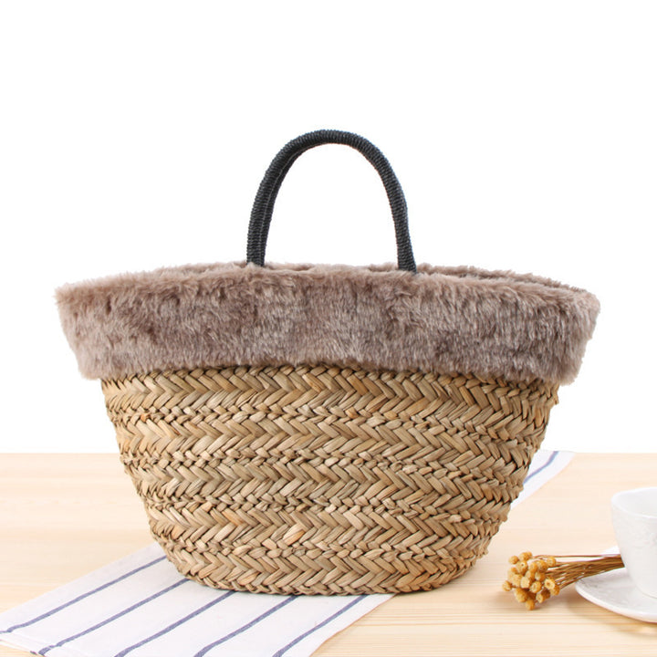 Basket bag with fluffy upper edge and decorative bow detail Bowlift