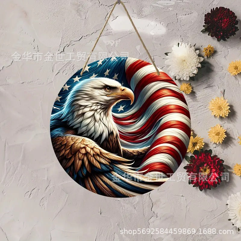 Independence Day rustic round wooden patriotic cross wall plaque with floral accents and God Bless America banner Bowlift