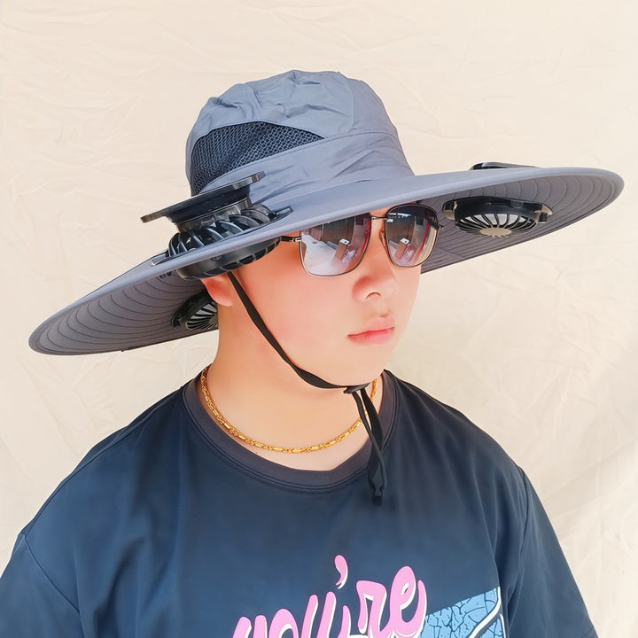 Wide-brimmed sun hat with detachable swivel solar fans and adjustable chin strap Bowlift