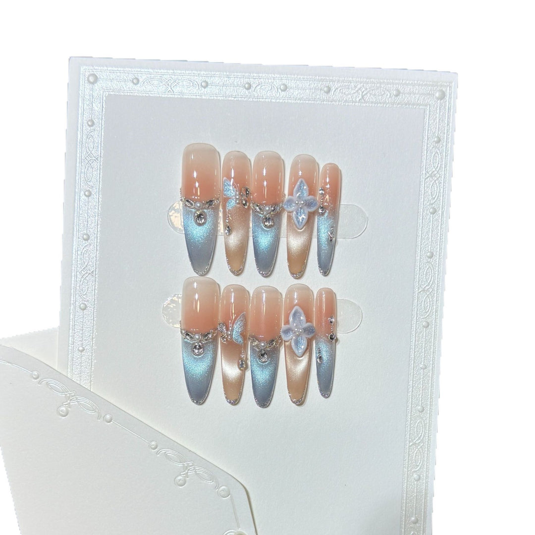 Artistic Press-On Nail Set with Floral and Gemstone Accents Bowlift