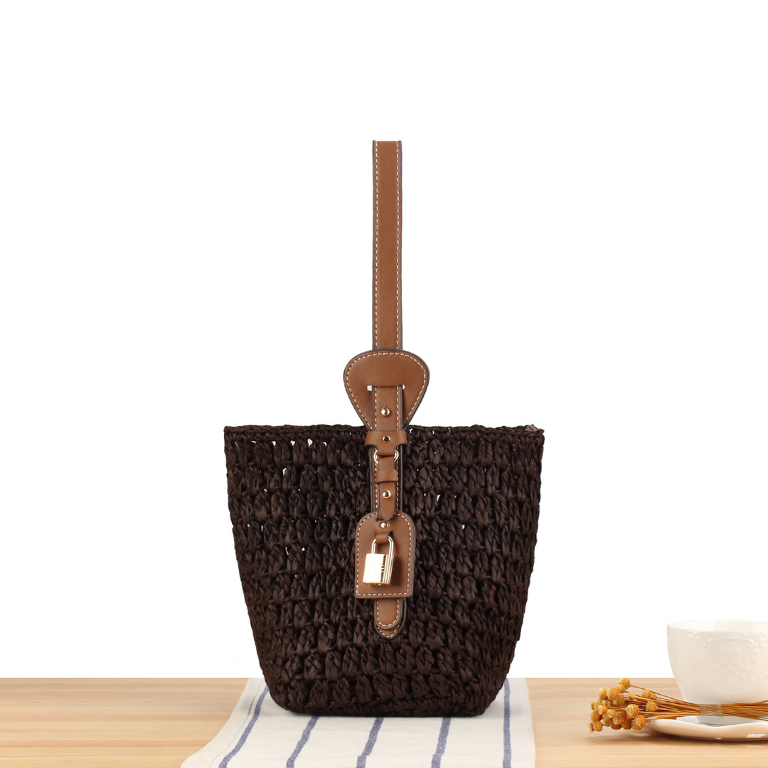 Braided Bast Handbag with Elegant Leather Decoration Bowlift