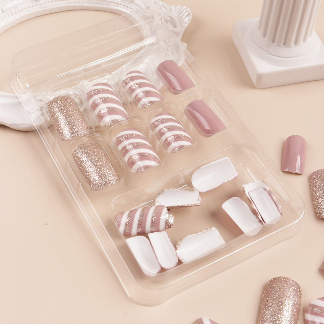Glamorous Glitter and Striped Press-On Nail Art Bowlift