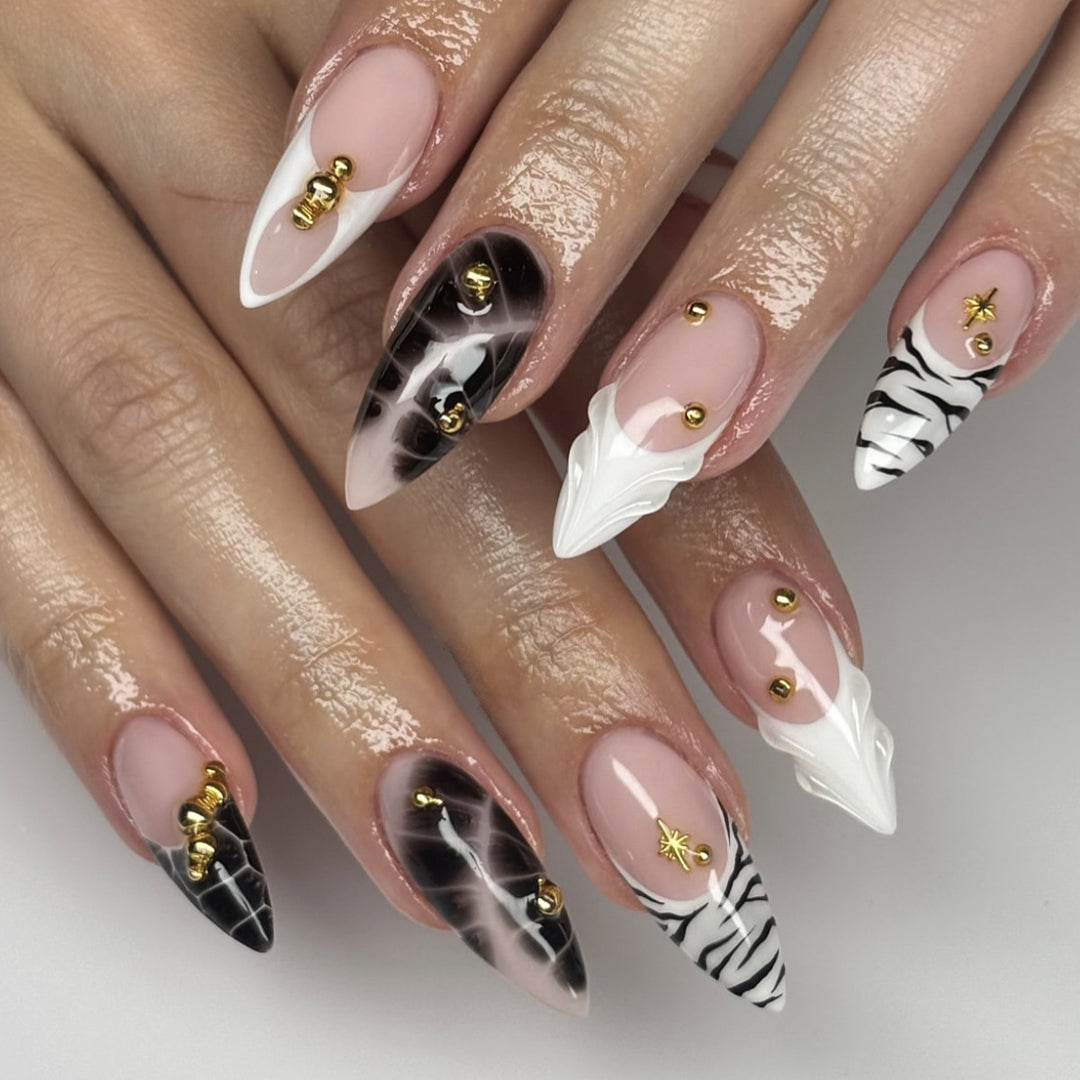 Elegant Stiletto Nail Art Extensions with Geometric Design Bowlift