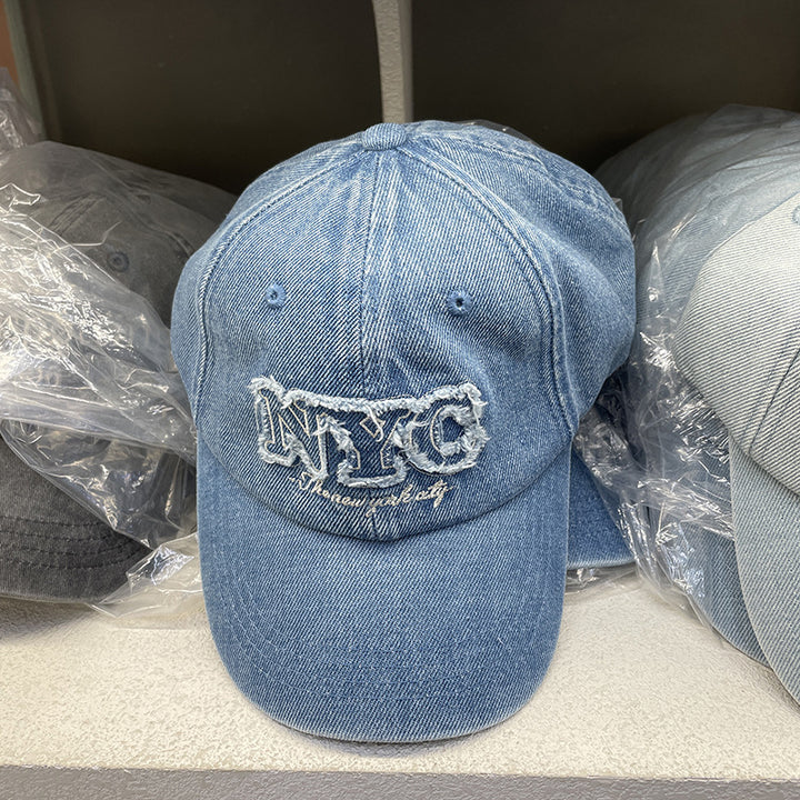 Unisex Distressed Denim Cap with NYC Embroidery Bowlift