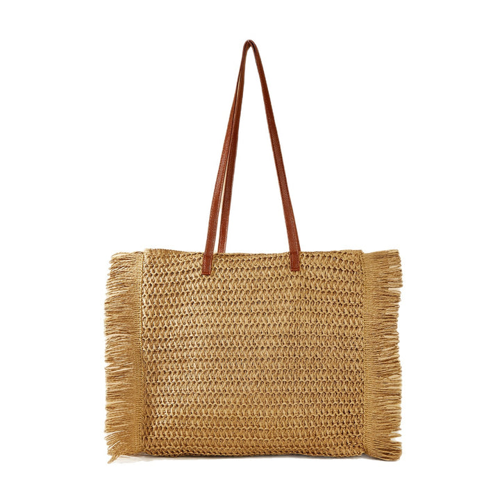 Large Woven Beach Bag with Fringes and Leather Handles Bowlift