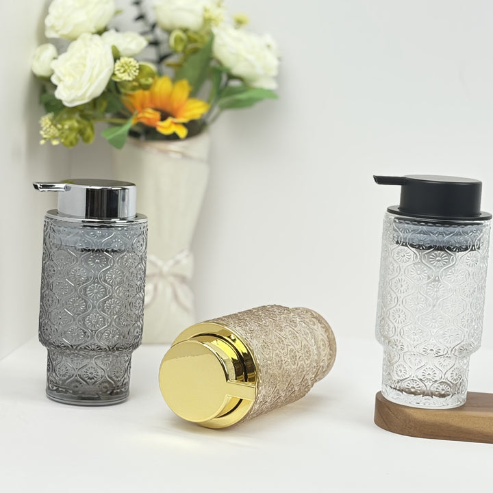 Embossed vintage glass vanity organizer set with pump dispenser and toothbrush cup Bowlift