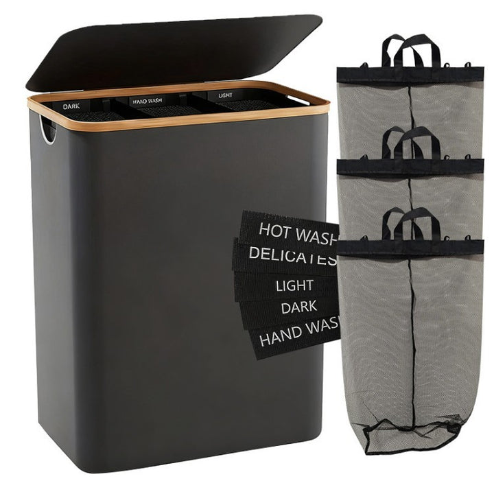 Laundry separation system with bamboo lid and multiple compartments Bowlift