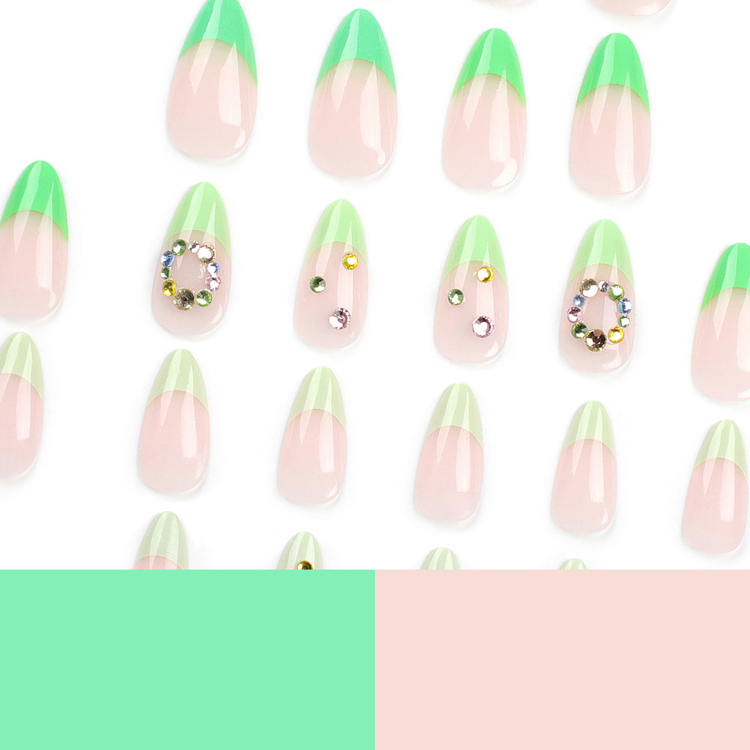 Artificial nail art with spring-like design and sparkling accents Bowlift