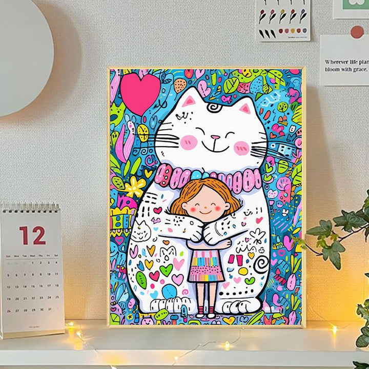 Playful Cat and Girl Illustration Canvas Art Bowlift