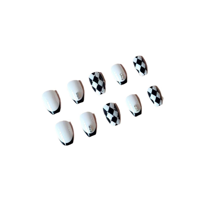 Acrylic Nail Set with Creative Checkerboard Design and Sparkling Accents Bowlift