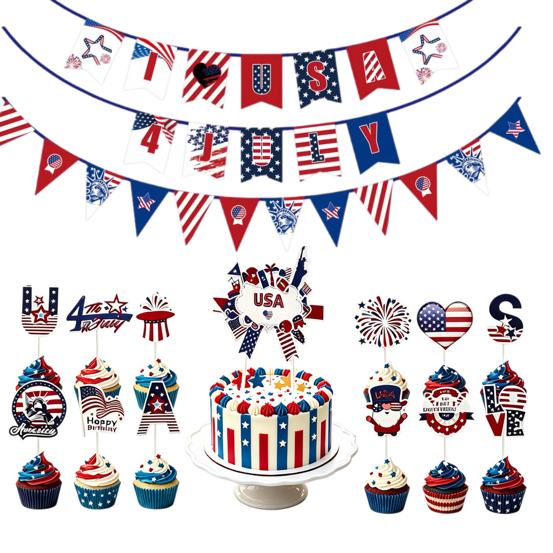 Unisex nan multiple cupcake topper set with patriotic USA motifs made of double-sided printed cardboard and wooden skewers Bowlift