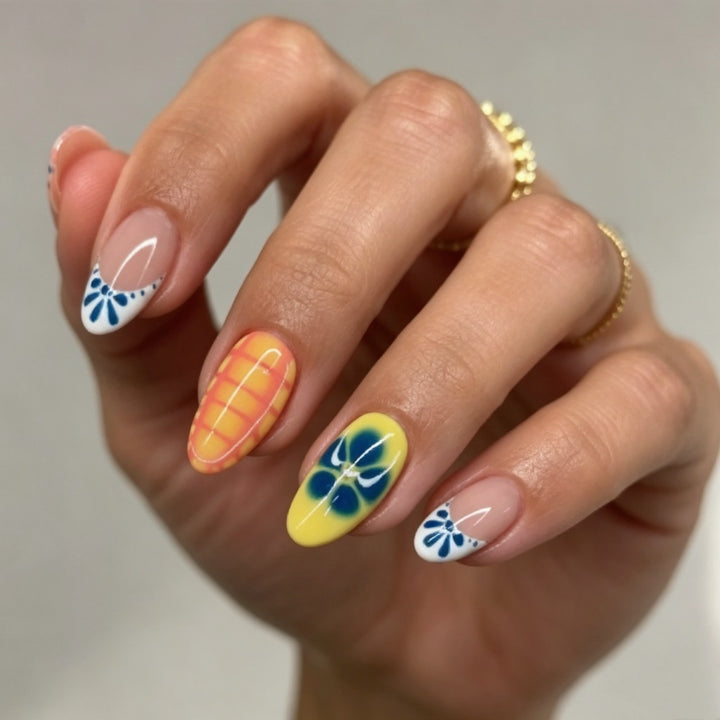 Artistic Press-On Nail Set with Floral and Geometric Designs Bowlift