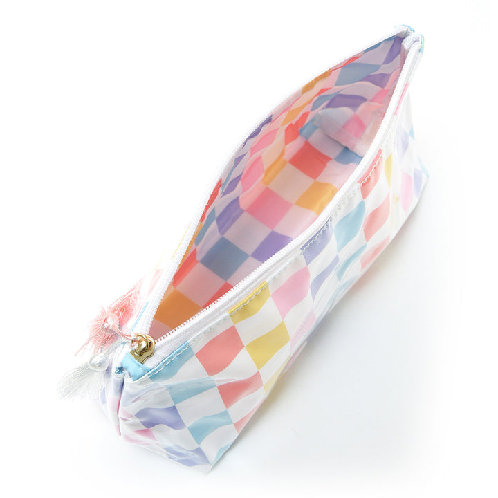 Cosmetic storage bag with water-repellent surface and tassel detail Bowlift