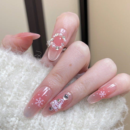 Decorative Press-On Nail Art Set with Snowflake and Rhinestone Accents Bowlift