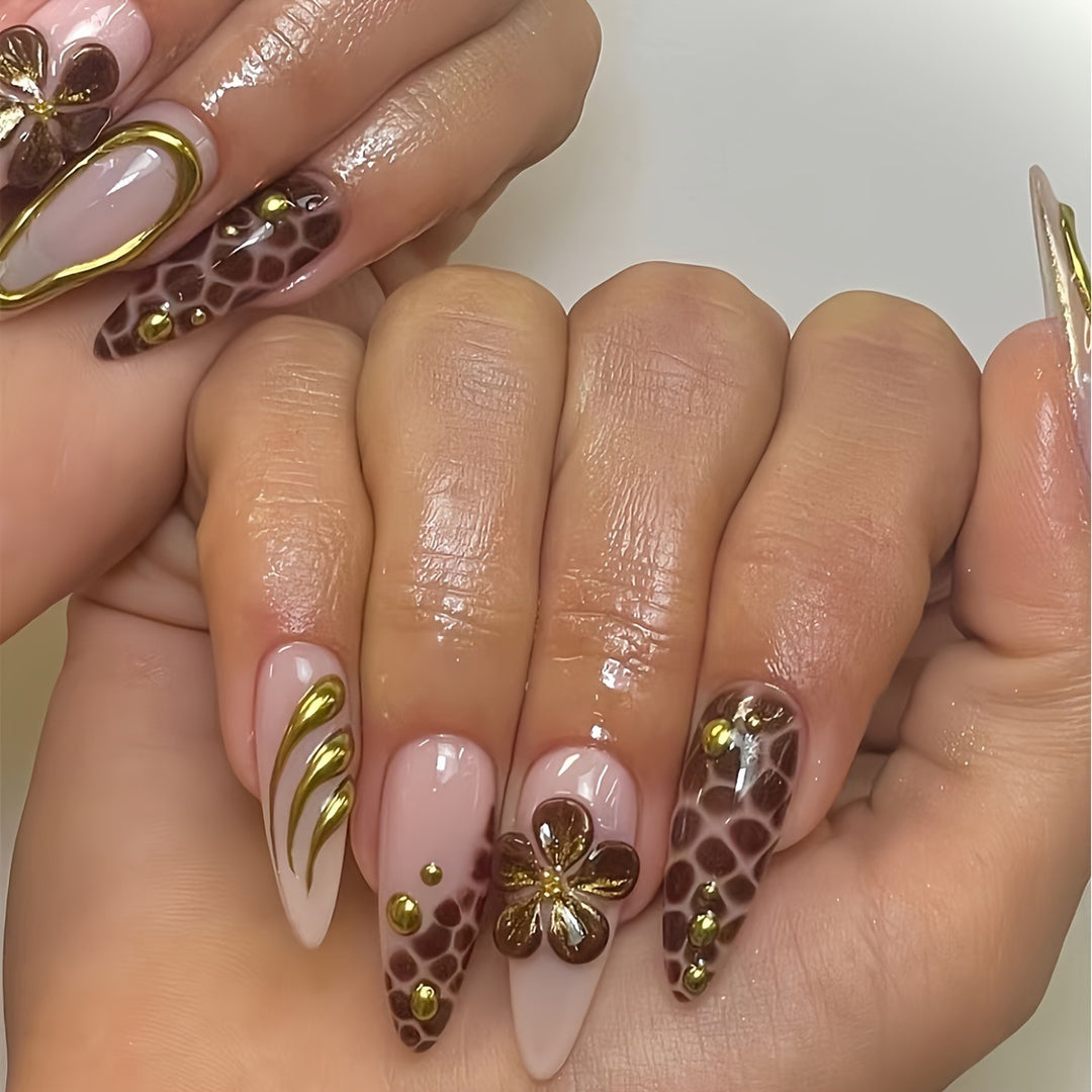Artistic Press-On Nail Set with 3D Floral Accents Bowlift