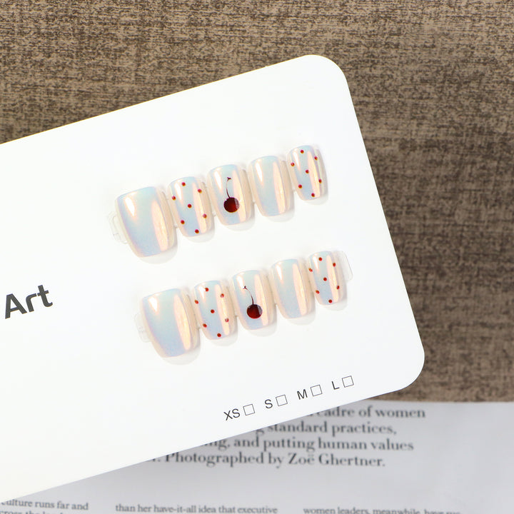 Artistic Press-On Nail Art Set with Cherry and Polka Dot Design Bowlift