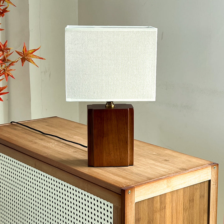 Retro modern solid wood table lamp with rectangular linen shade and brass neck Bowlift