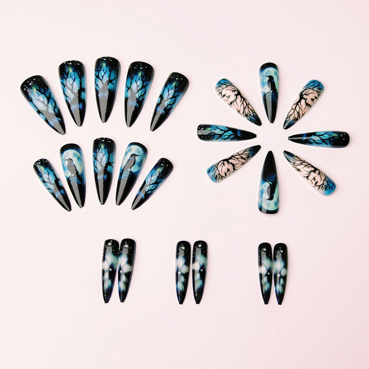 Creative artificial nails with mystical moon and crow design Bowlift